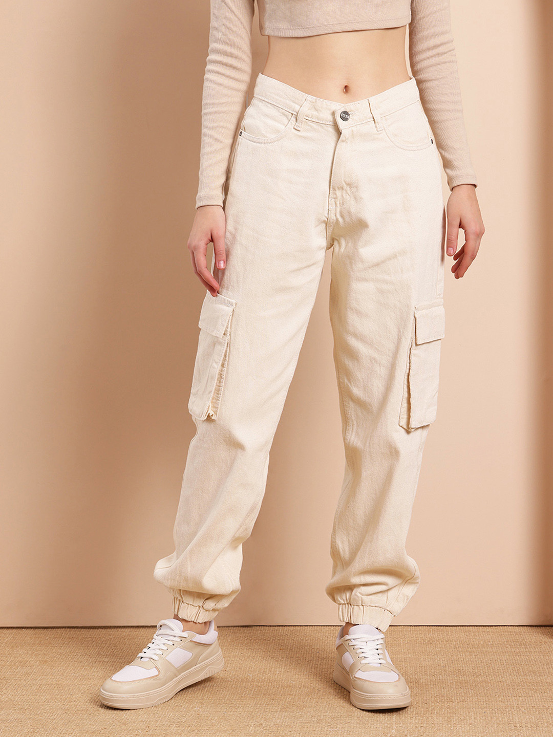 Mast & Harbour Women Mid-Rise 100% Cotton Cargo Style Jogger Fit Jeans