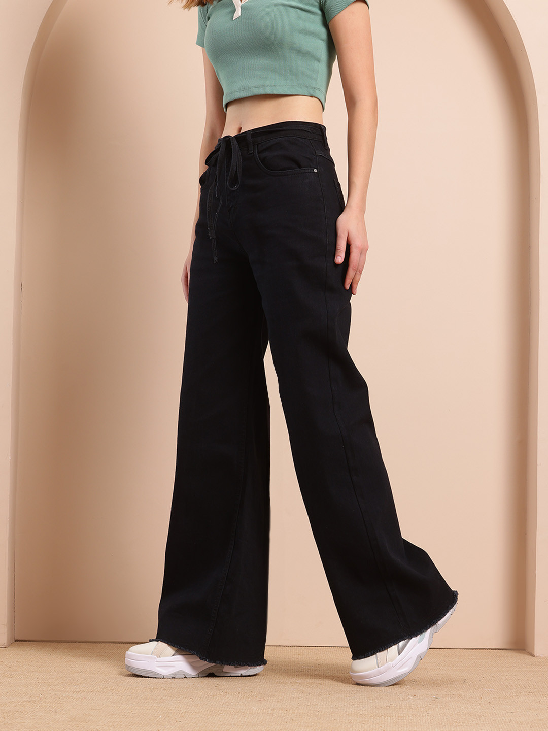 Mast & Harbour Women Stretchable Wide Leg Flared Jeans