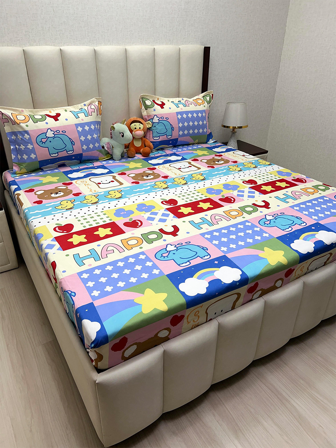 Pure Decor Kids White Conversational Microfiber 300 TC Queen Fine Bedsheet with 2 Pillow Covers-90 x 100 inches