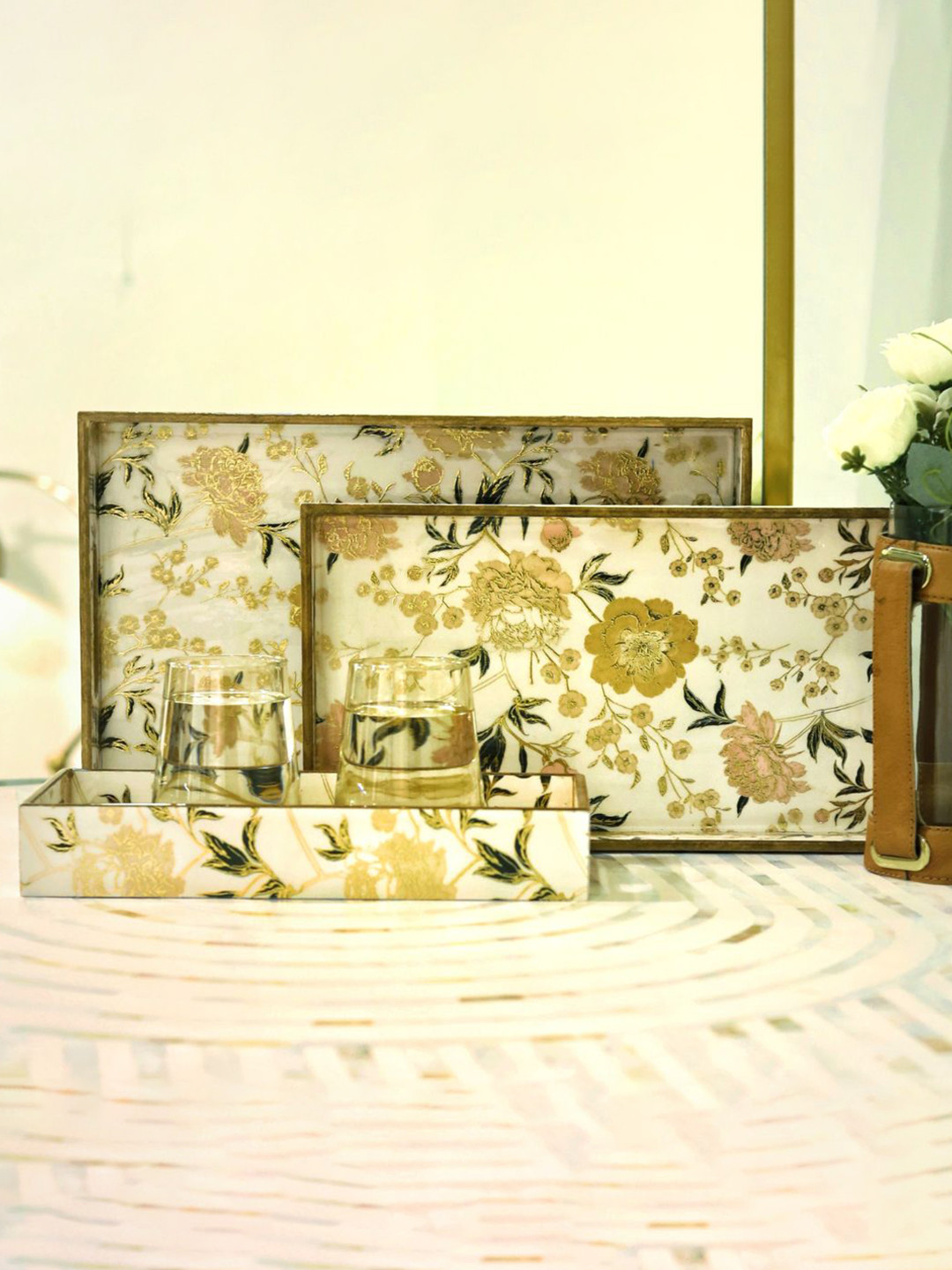 CasaGold White & Yellow 3 Pieces Floral Printed Wooden Resin Tray