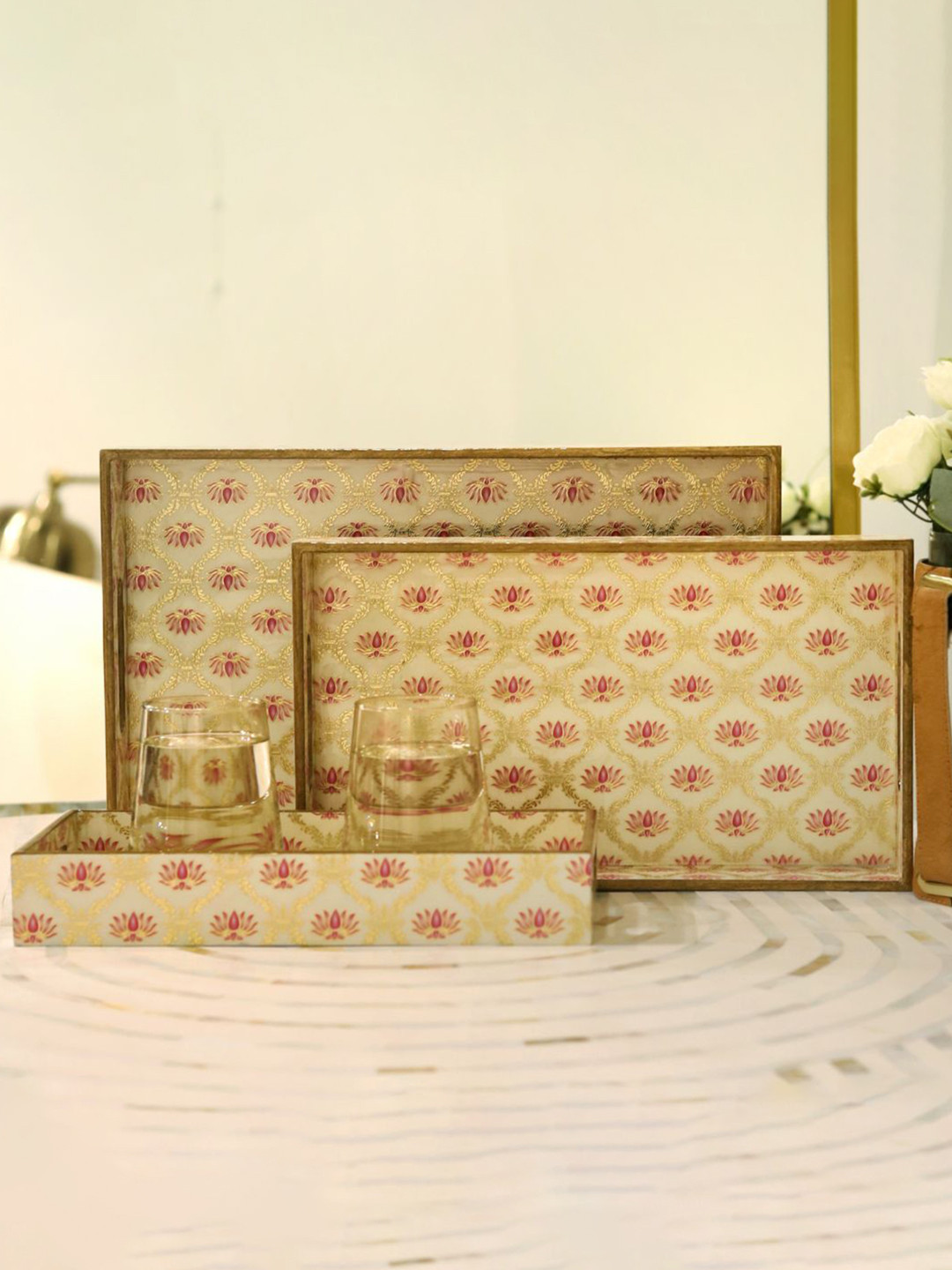 CasaGold Beige & Yellow 3 Pieces Lotus Flower Printed Wooden Resin Tray