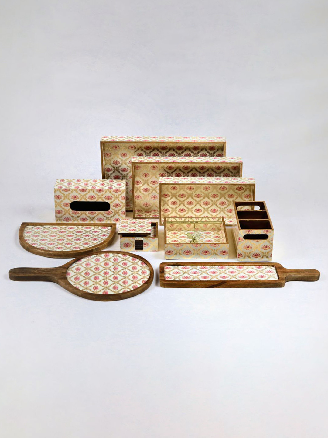 CasaGold Beige & Pink 10 Pieces Lotus Flower Printed Wooden Trays Platters Set