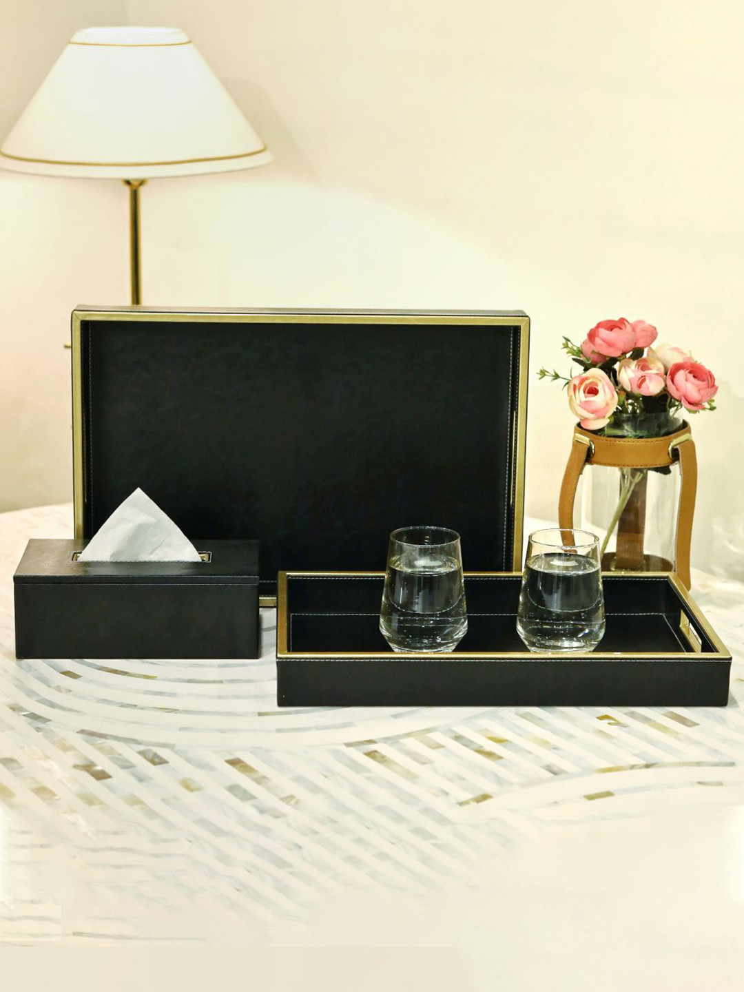 CasaGold Black 3 Pieces Wooden Serving Trays with Tissue Box