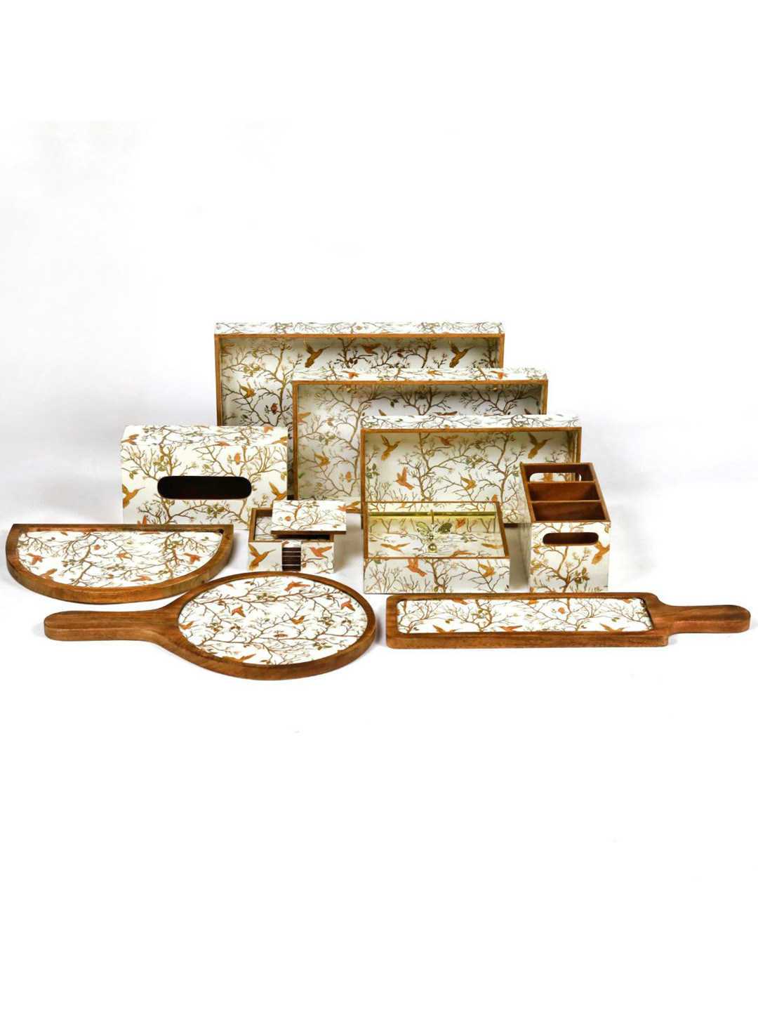 CasaGold Beige & White 10 Pieces White Bird Printed Wooden Serveware Set