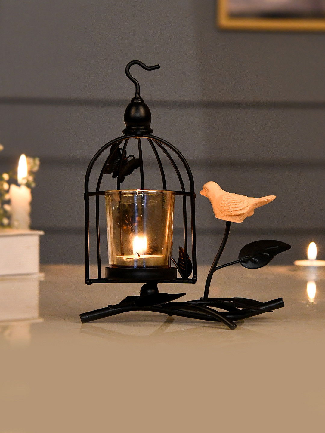 TAYHAA Black & Transparent Bird Net Textured Metal Glass Candle Holder with Bird Accent