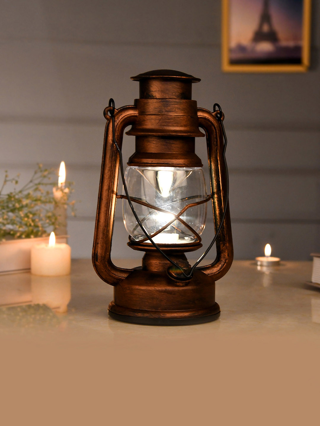 TAYHAA Brown & Transparent Metal Glass Lantern Shaped Candle Holder