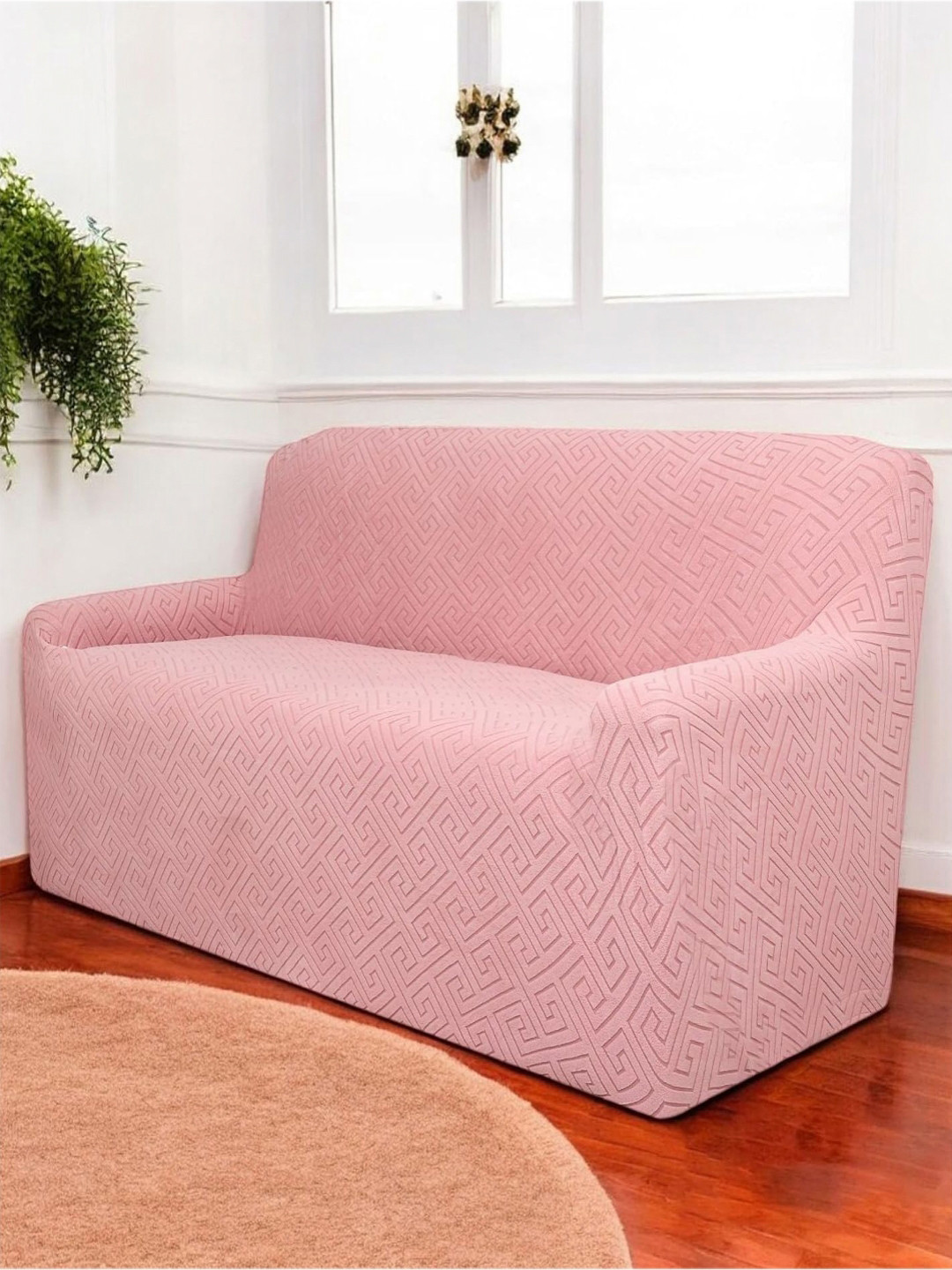 HOUSE OF QUIRK Universal Pink Self Design Jacquard Sofa Cover With Arms