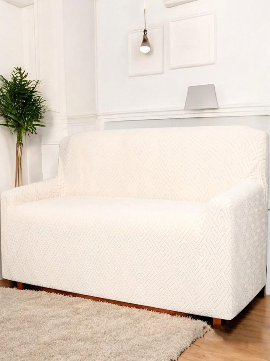 HOUSE OF QUIRK Universal Cream Self Design Jacquard 2 Seater Soft Touch Sofa Cover & Arms