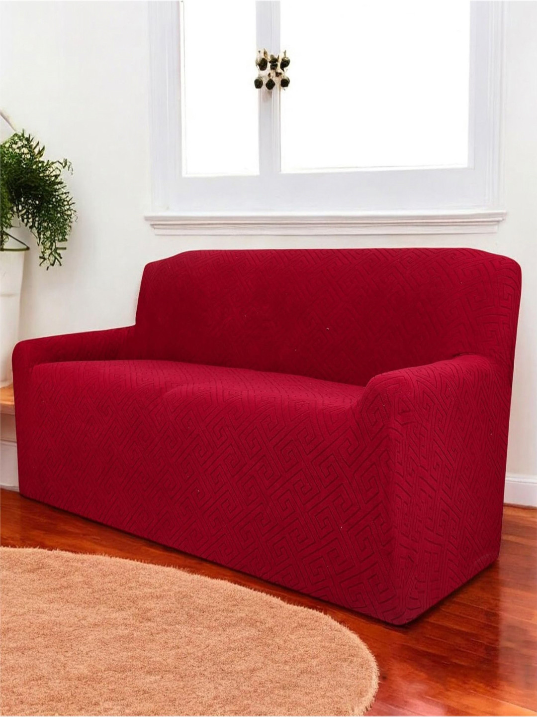 HOUSE OF QUIRK Universal Maroon Self Design Triple Seater Jacquard Sofa Cover