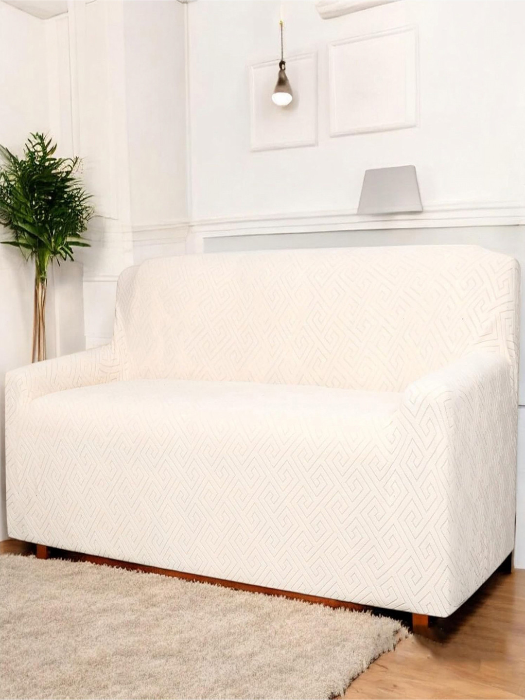 HOUSE OF QUIRK Universal Cream-Coloured Self Design Jacquard Sofa Cover With Arms