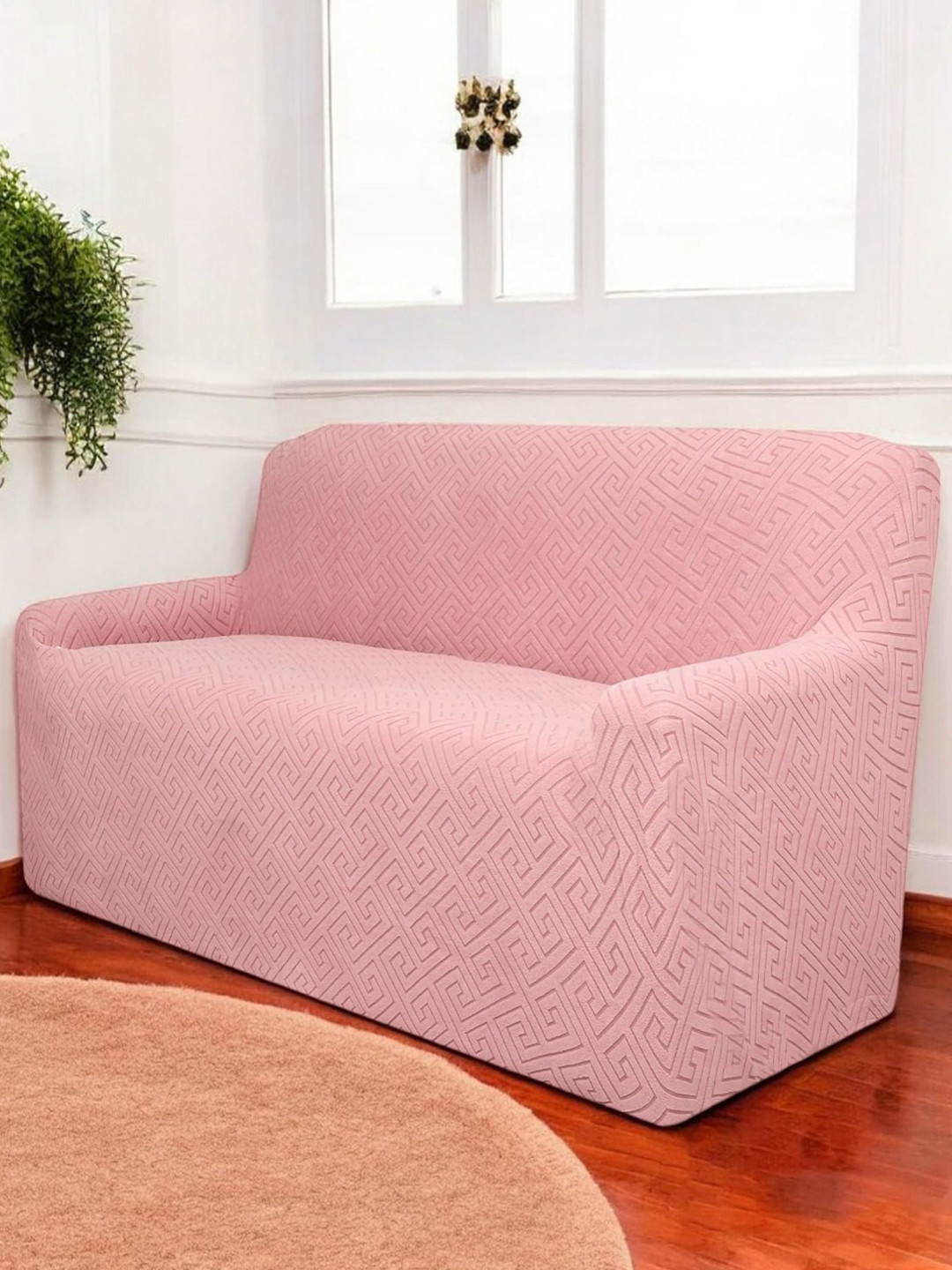 HOUSE OF QUIRK Universal Pink Self Design Jacquard 2 Seater Soft Touch Sofa Cover & Arms