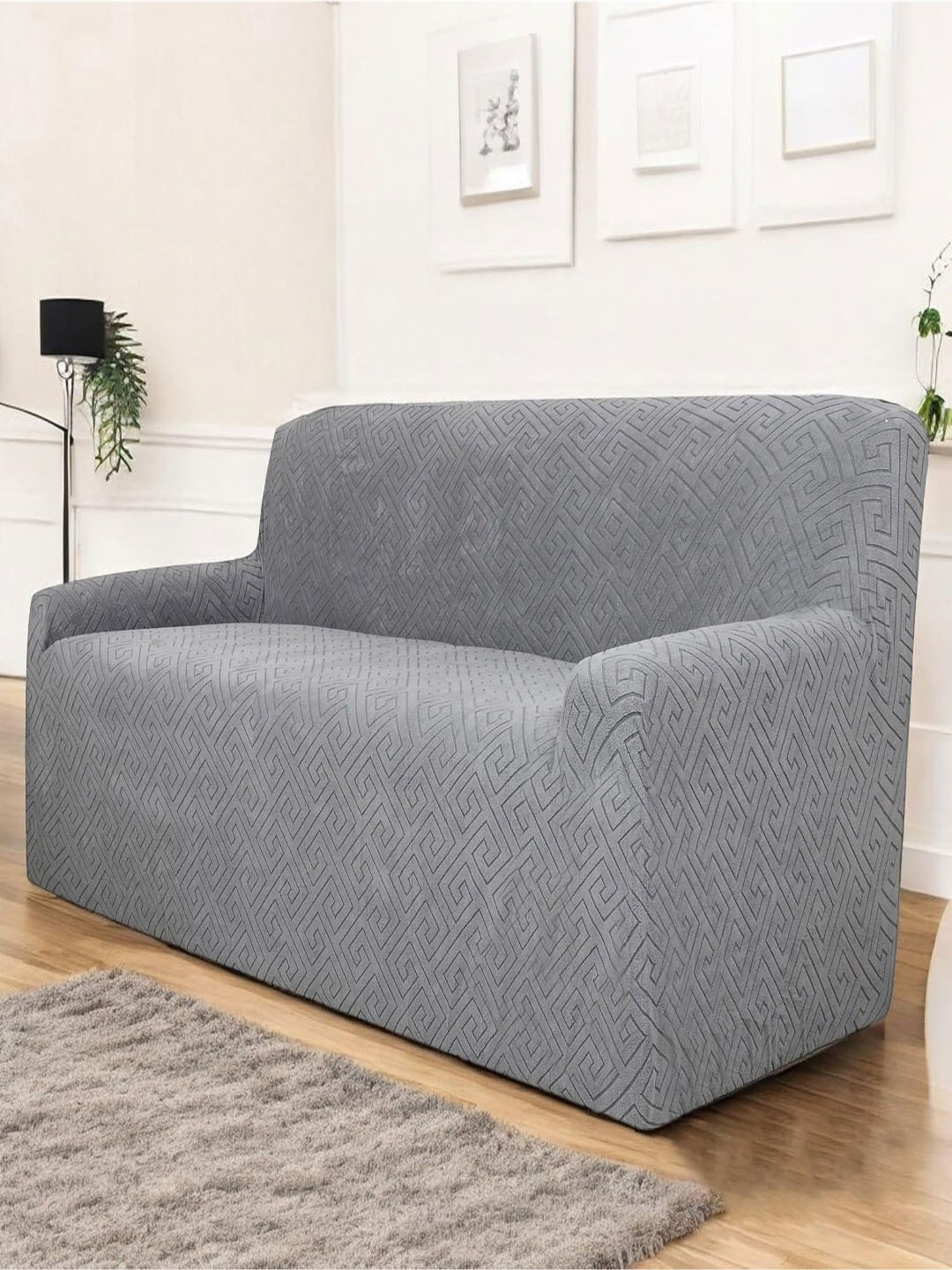HOUSE OF QUIRK Universal Charcoal Self Design Jacquard 2 Seater Sofa Cover & Arms