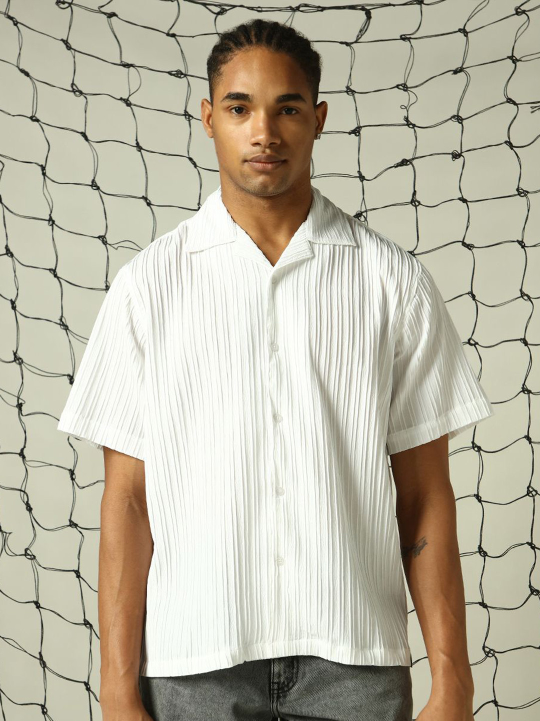 Hubberholme Men Classic Opaque Solid Cuban Collar Textured Fabric Oversized Casual Shirt