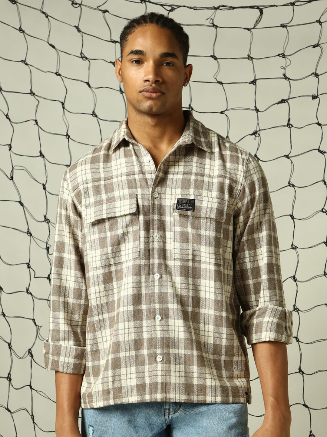 Hubberholme Men Classic Spread Collar Tartan Checks Double Pockets Oversized Casual Shirt