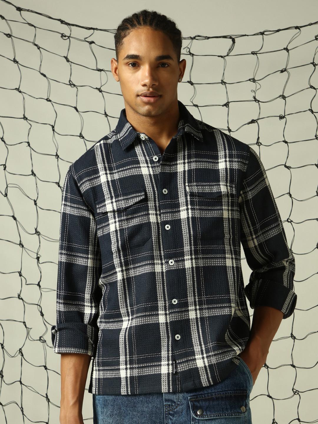 Hubberholme Checked Double Pockets Textured Fabric Relaxed Fit Casual Shirt