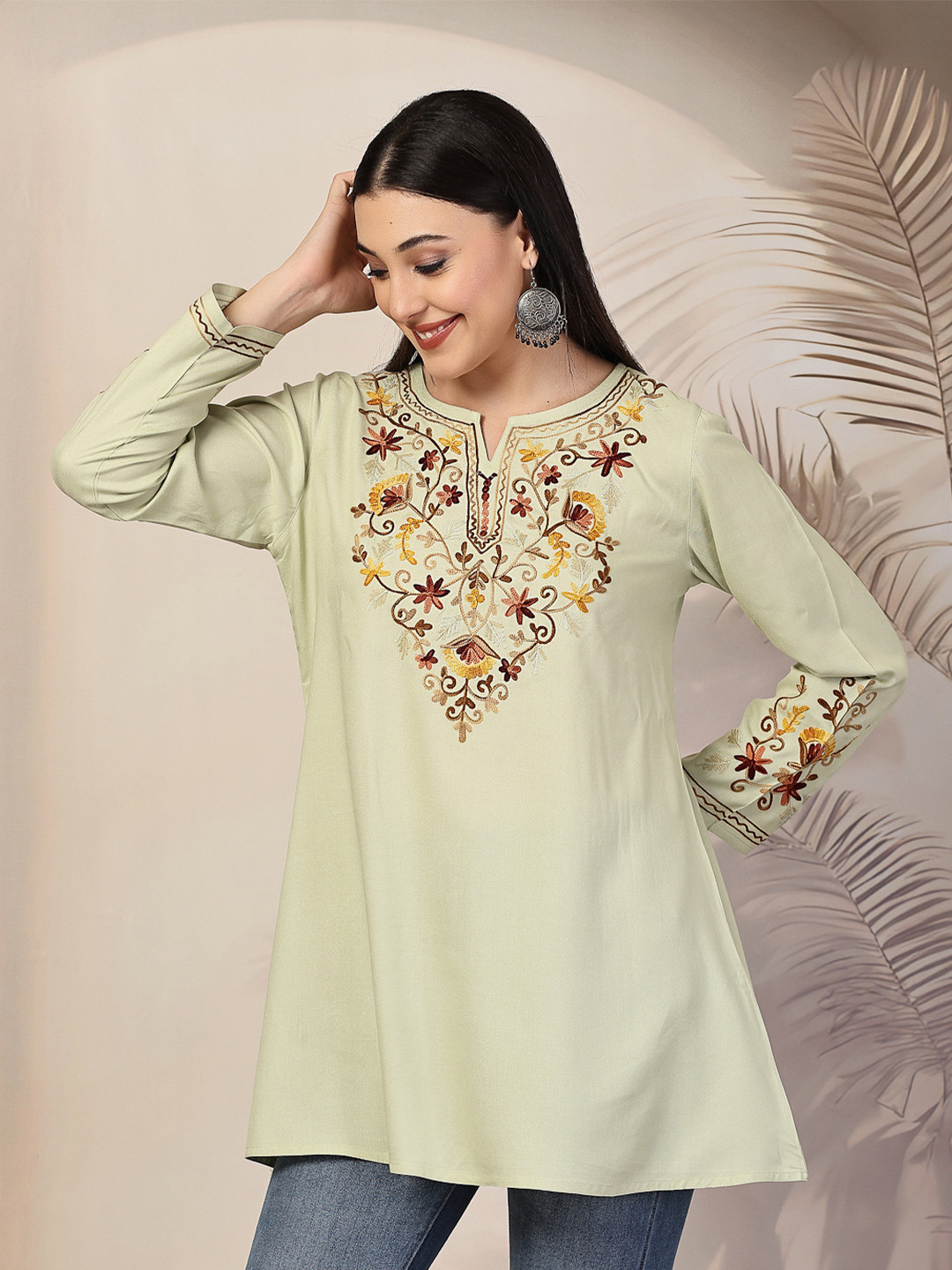 Qazmi Women Jasmine Kashimiri Floral Thread Work  A-Line Kurti
