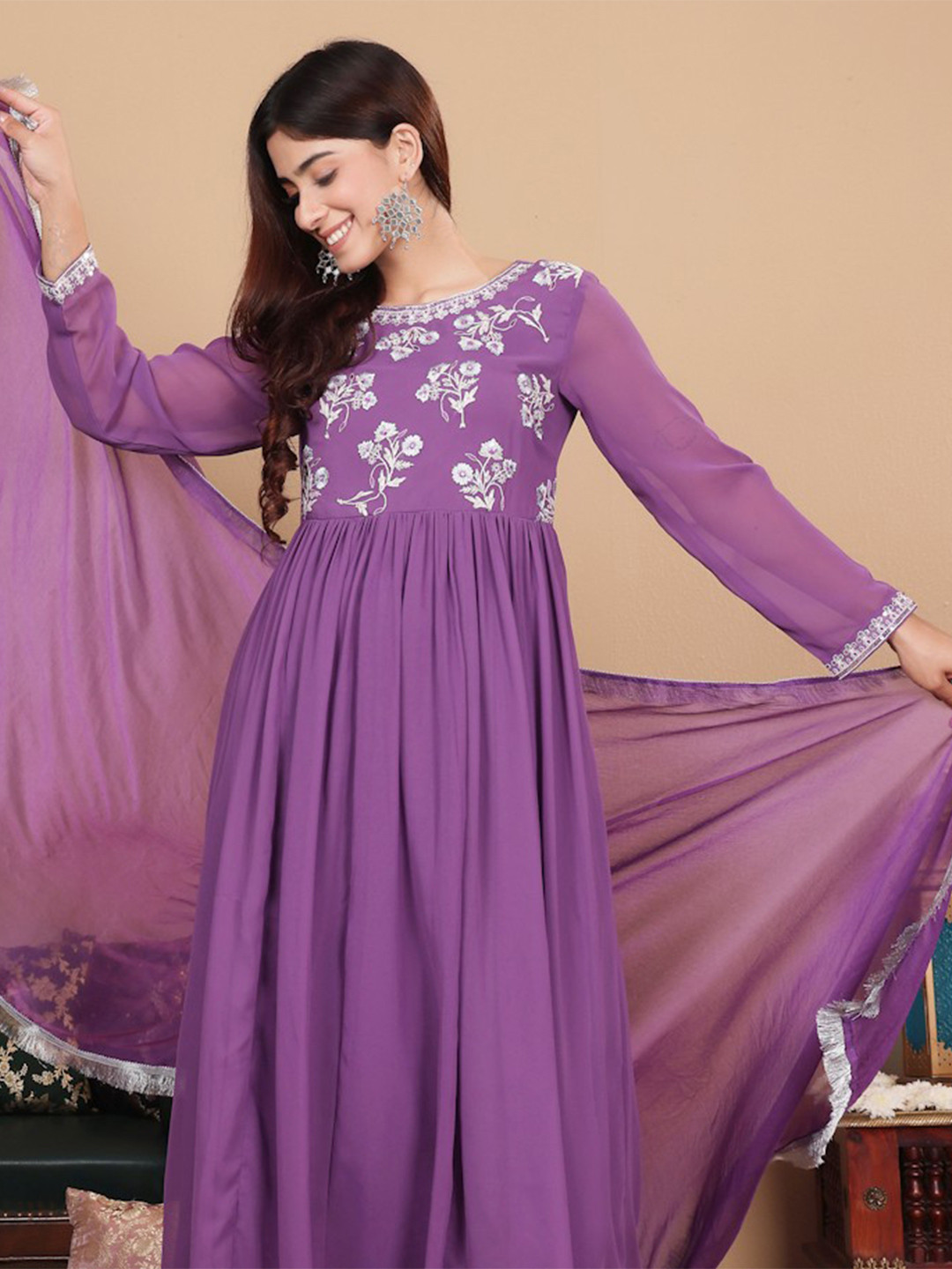 Varanga Women Lavender Zari Thread Embroidered Georgette Anarkali Kurta With Dupatta