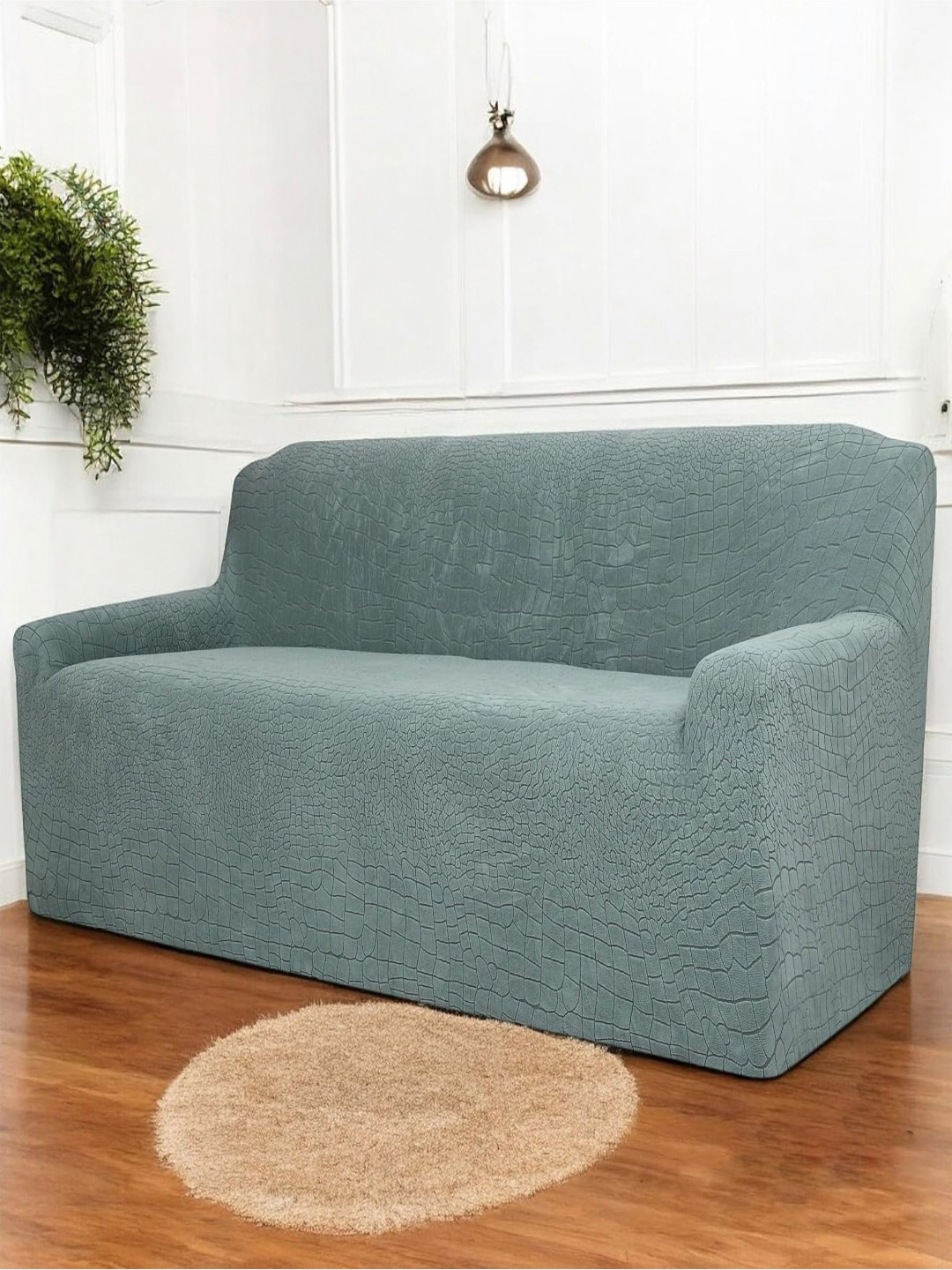 HOUSE OF QUIRK Universal Green Self Design Jacquard 2 Seater Soft Touch Sofa Cover & Arms