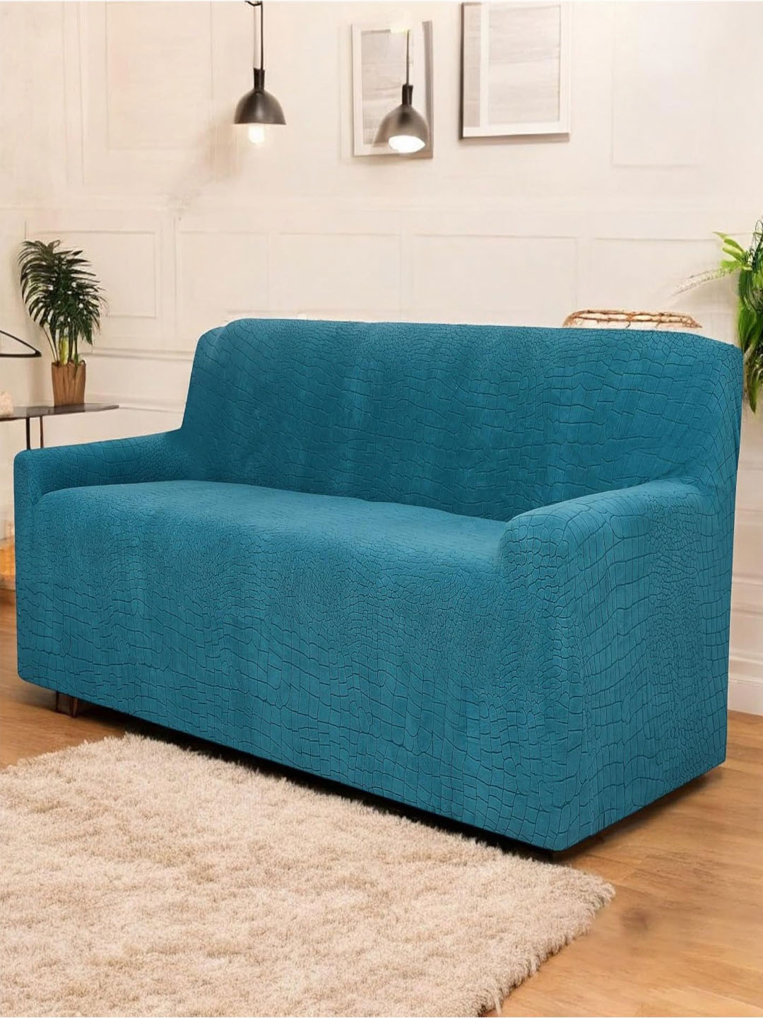 HOUSE OF QUIRK Universal Teal Green Self Design Jacquard 3 Seater Sofa Cover & Arms