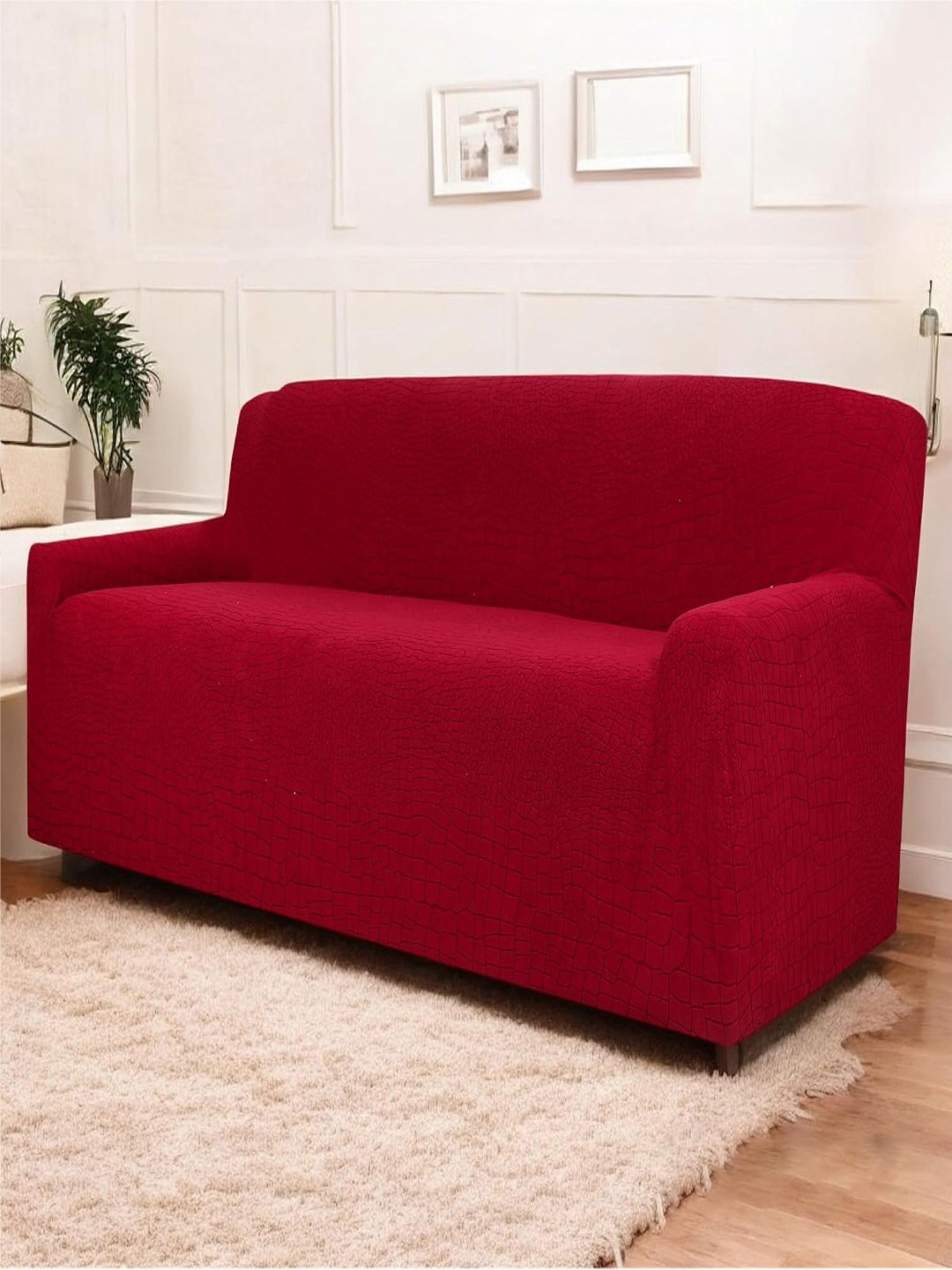 HOUSE OF QUIRK Maroon Self Design Triple Seater Universal Jacquard Sofa Cover