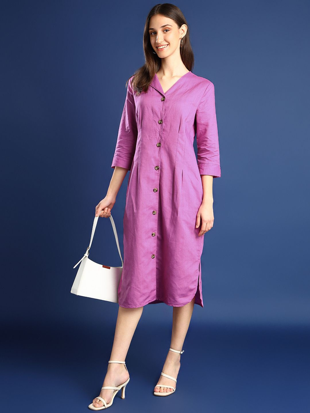 Hancock Women Solid Formal Shirt Linen Midi Dress
