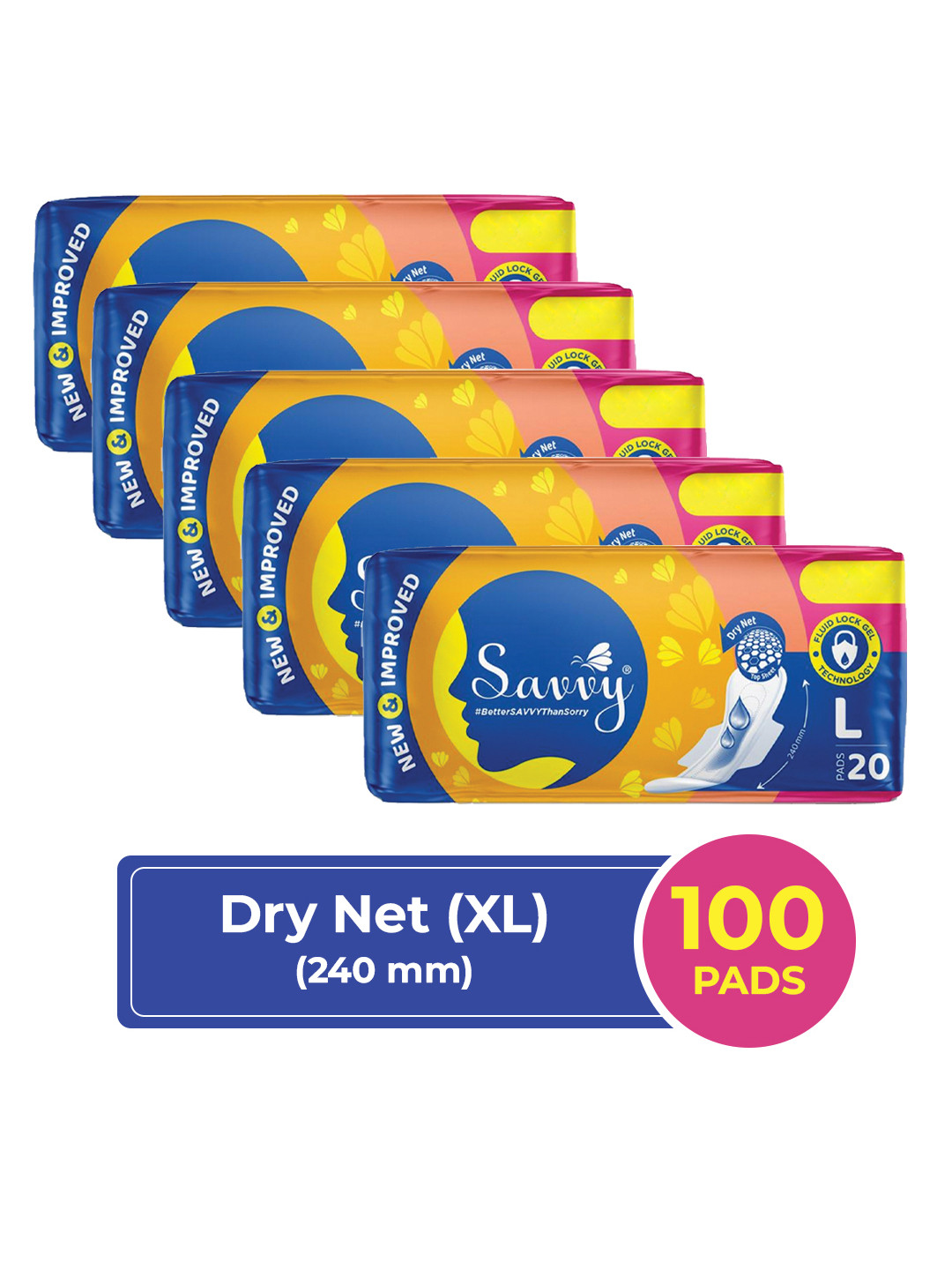 Savvy Maxi Sanitary Napkins Pads For Women, L Size Wider Wings (100 Pads) 240mm