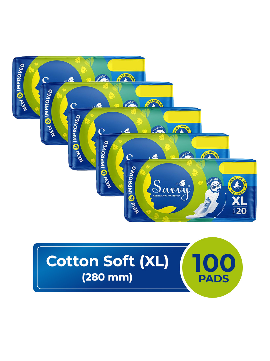 Savvy Maxi Cotton Sanitary Napkins Pads - XL Size 100 Pads 280mm
