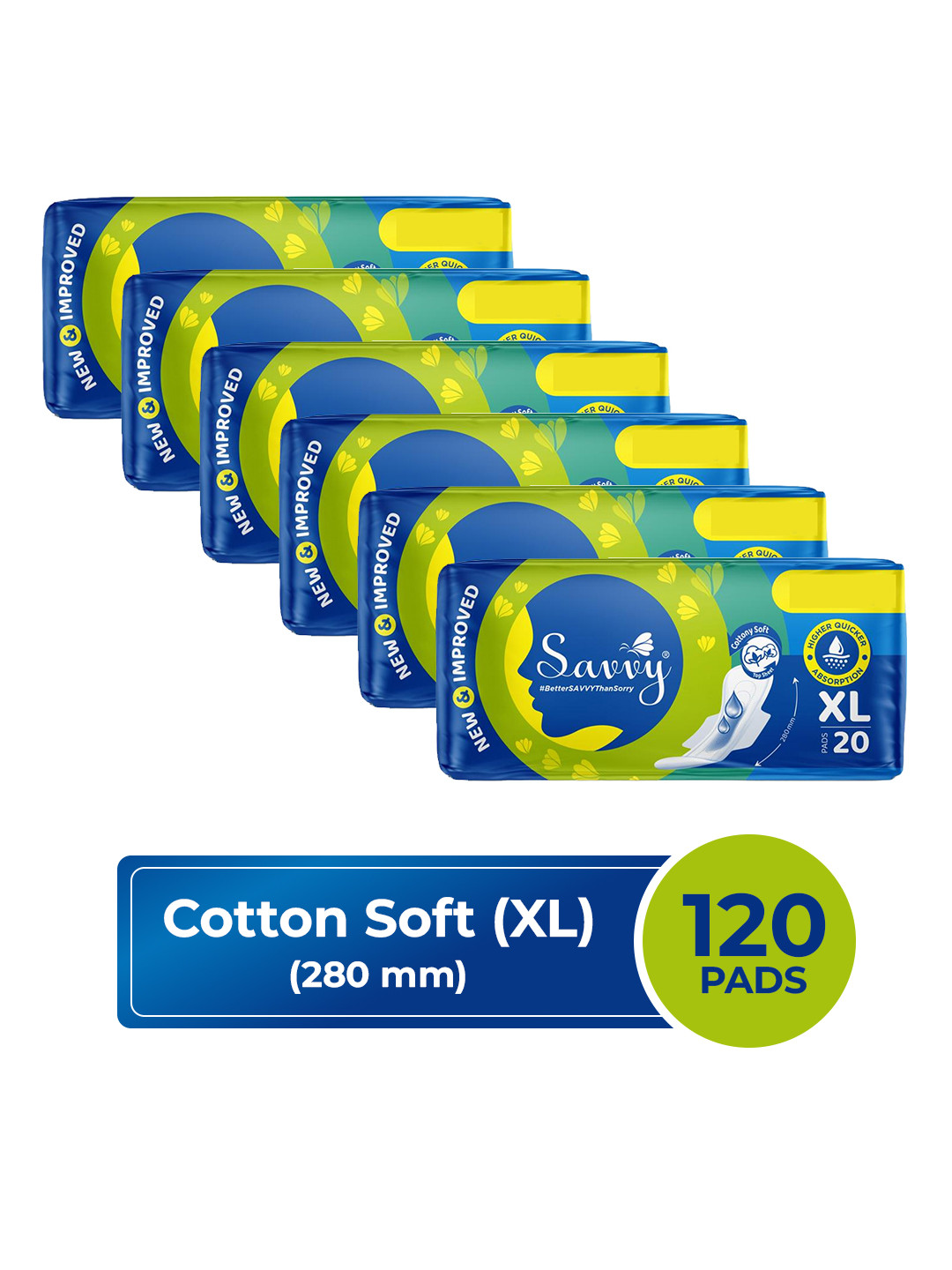 Savvy Maxi Cotton Sanitary Napkins Pads For Women, XL Size (120 Pads) 280mm