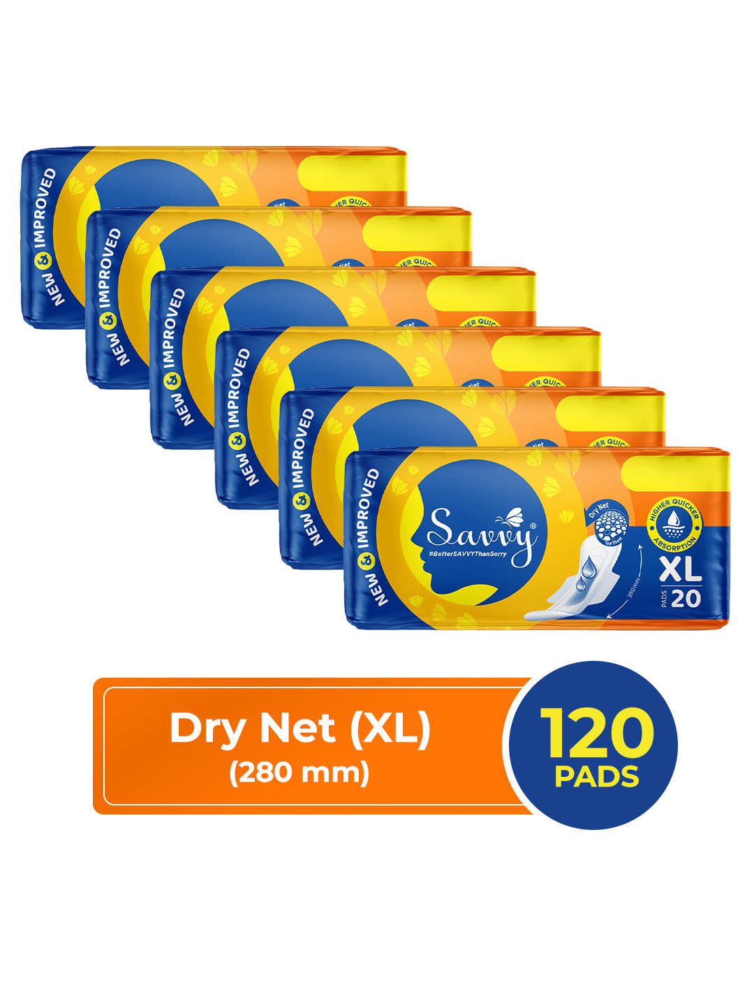 Savvy Maxi Sanitary Napkins Pads For Women, XL Size Wider Wings (120 Pads) 280mm