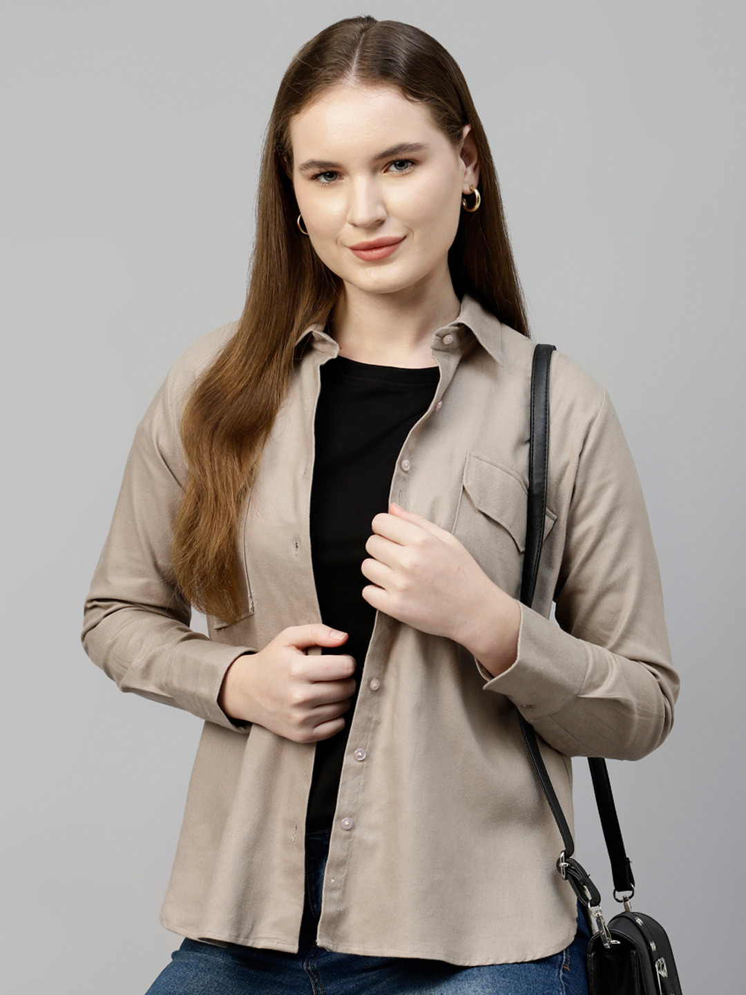 Hancock Women Relaxed Fit Solid Flannel Twill Pure Cotton Casual Shacket