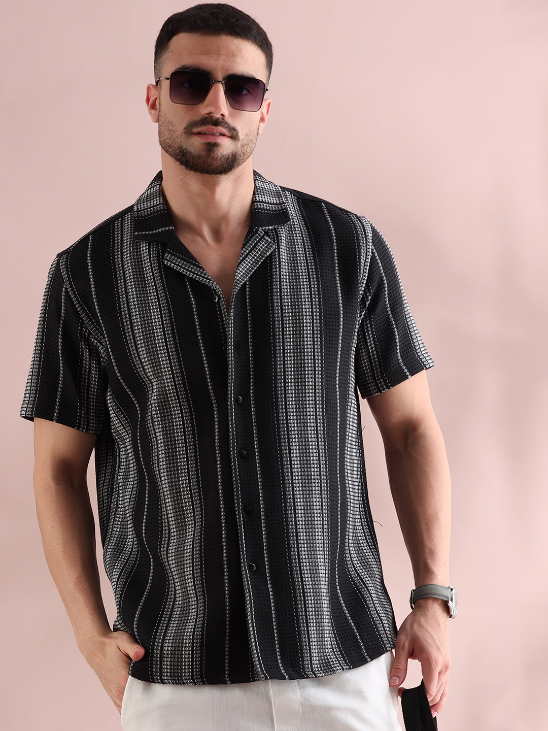 FILORI STUDIO Men Comfort Cuban Collar Vertical Striped Cotton Casual Shirt