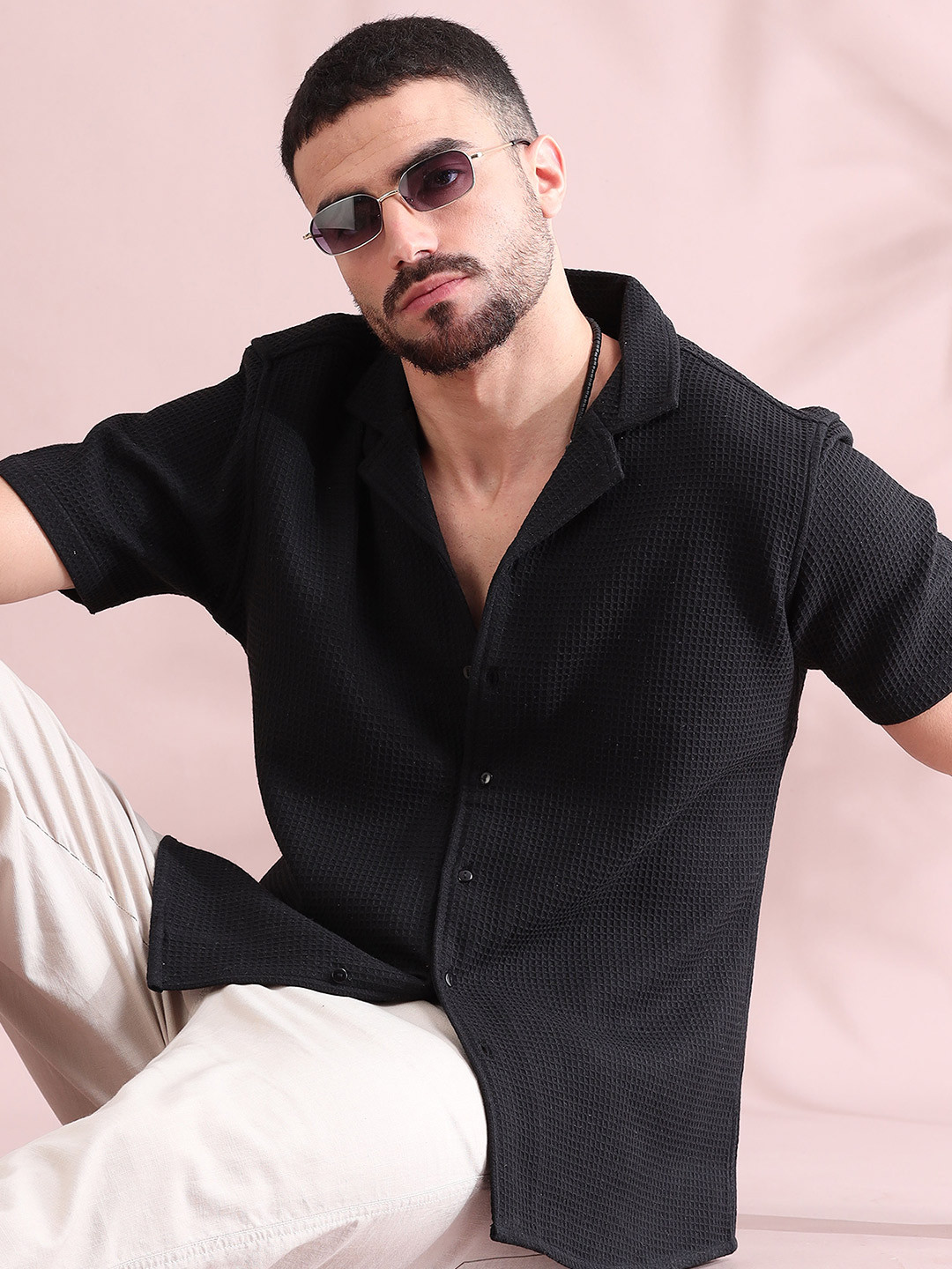FILORI STUDIO Men Comfort Self Design Textured Cuban Collar Casual Shirt