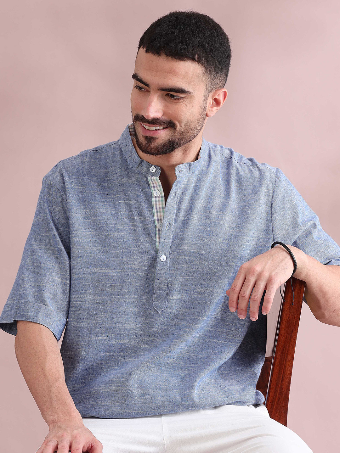 FILORI STUDIO Band Collar Short Sleeves Pure Cotton Straight Kurta