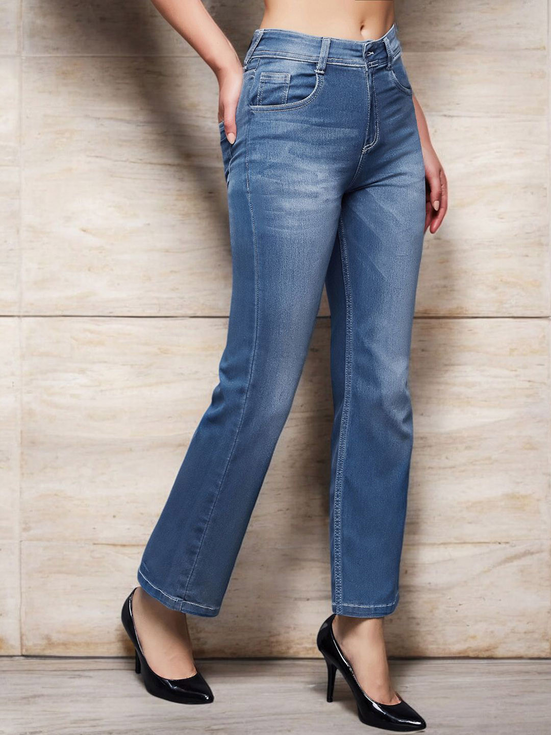 Miss Chase Women Bootcut Mid Rise Regular Length Blast Effect Light Weight Denim Jeans
