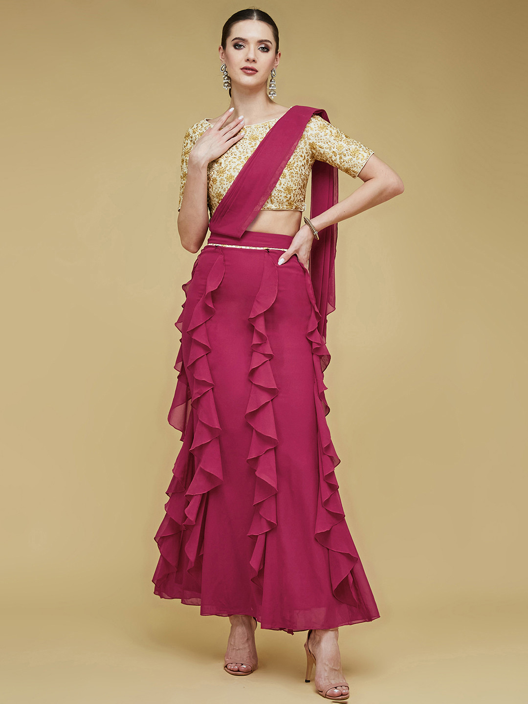 All About You Women Embroidered Boat Neck Front Pocketed Frilled Co-Ord Set