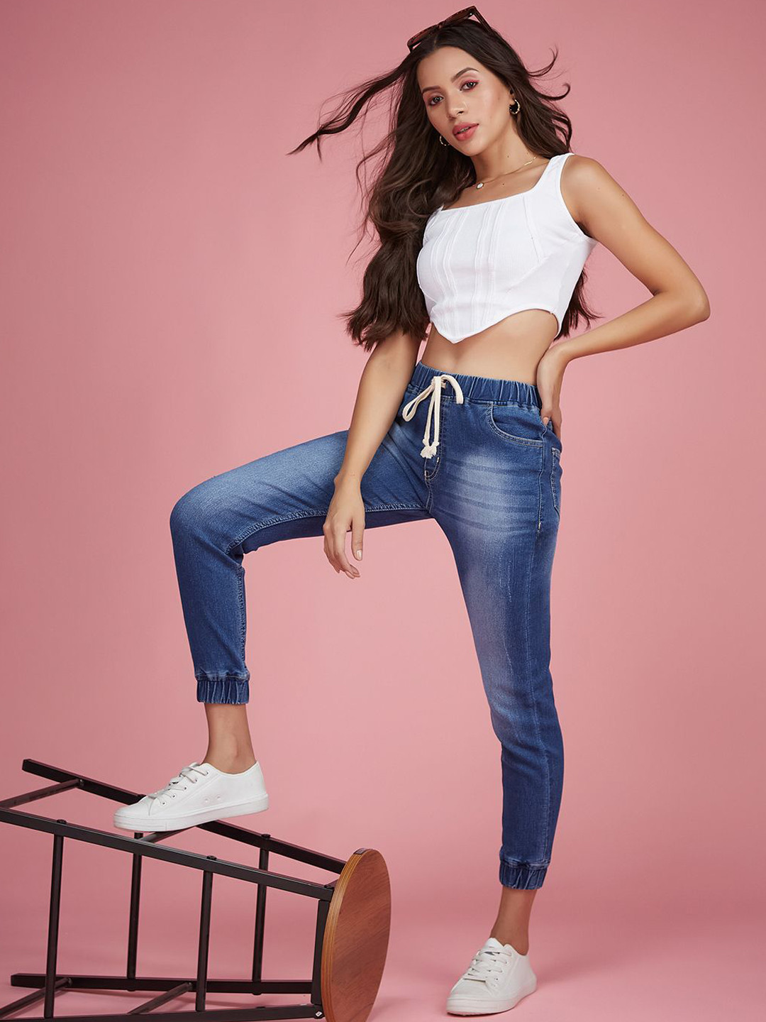 DressBerry Women Relaxed Fit Regular Length Scraped Denim Stretchable Jogger Pants