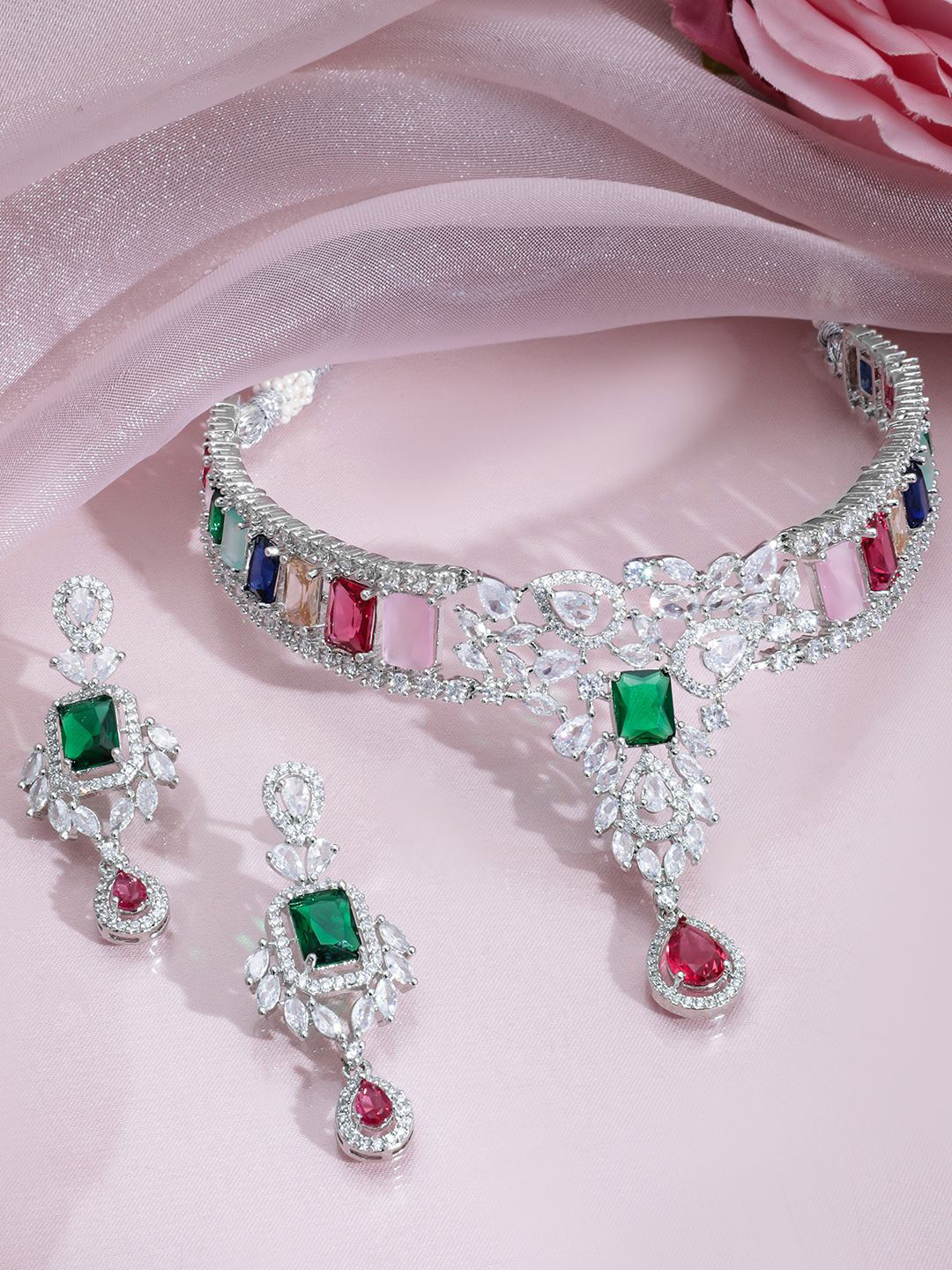 Rubans Rhodium-Plated Multicolor Gemstone & Cubic Zirconia Studded Choker Necklace Set