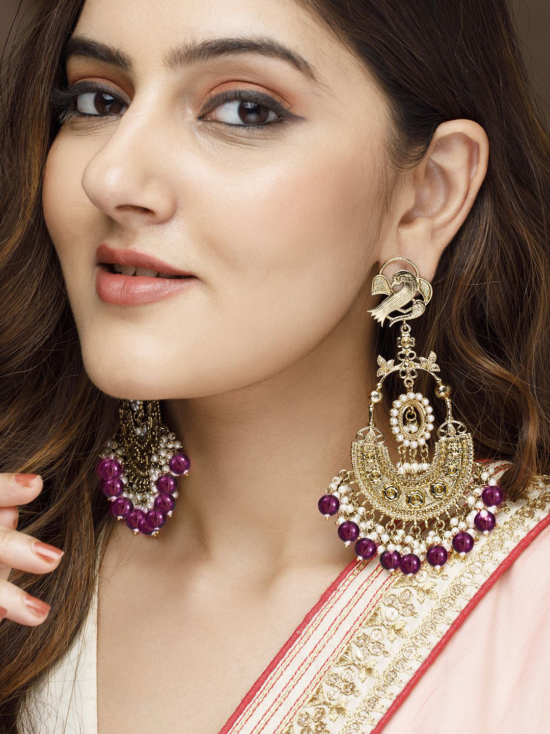 Rubans 18K Gold-Plated Big Chandbali Earrings with Deep Magenta Beads and Pearl Accents