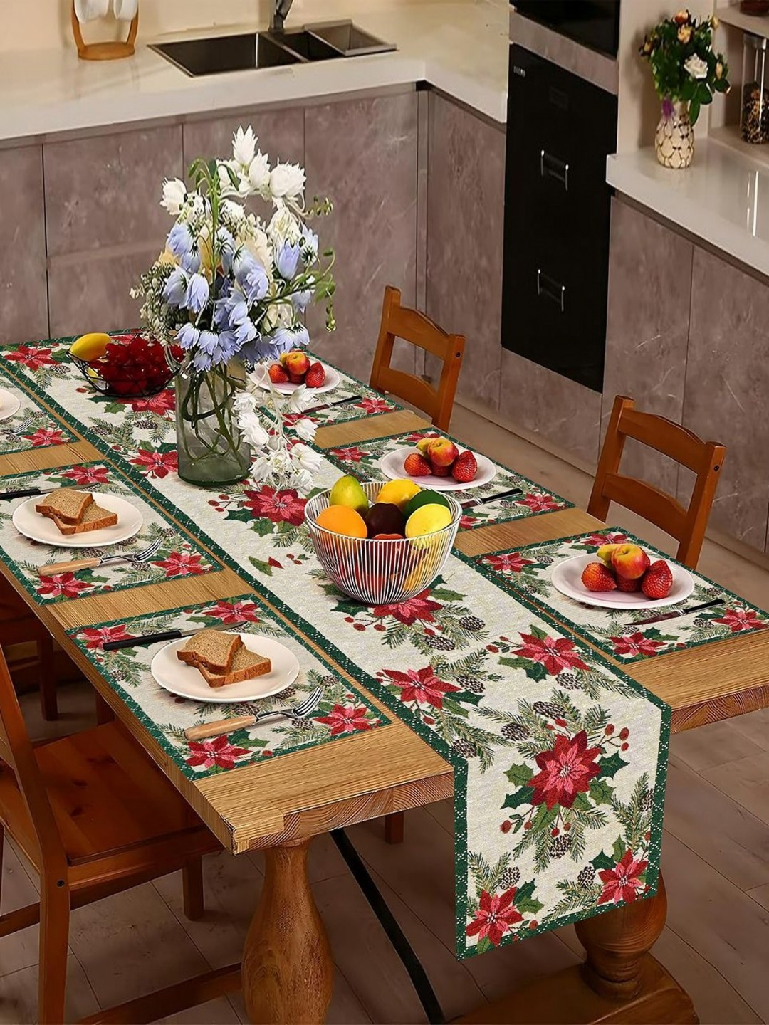 PRAKARTIK Set of 7 Green & RedPrinted Cotton Dining Table Mats With Runner
