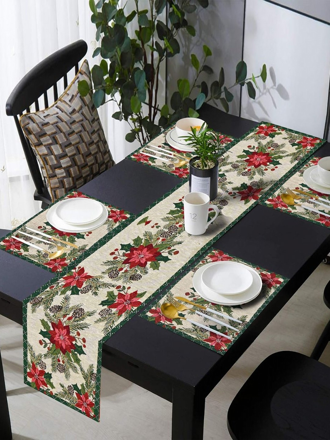 PRAKARTIK Set of 5 Beige Printed Pure Cotton Dining Table Placemats With Runner