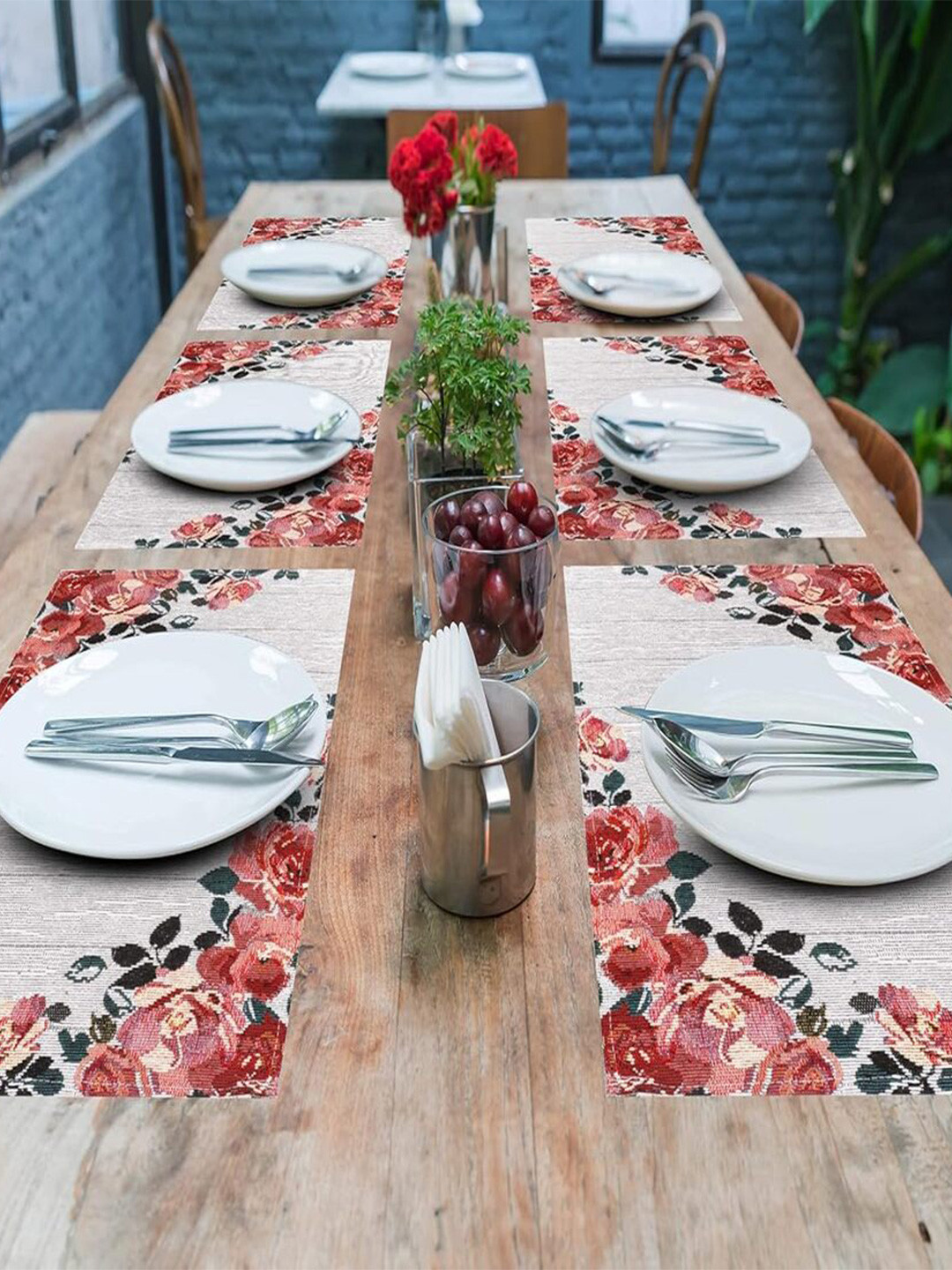 PRAKARTIK Set of 6 White & Red Printed Heat Resistant Dining Table Mats