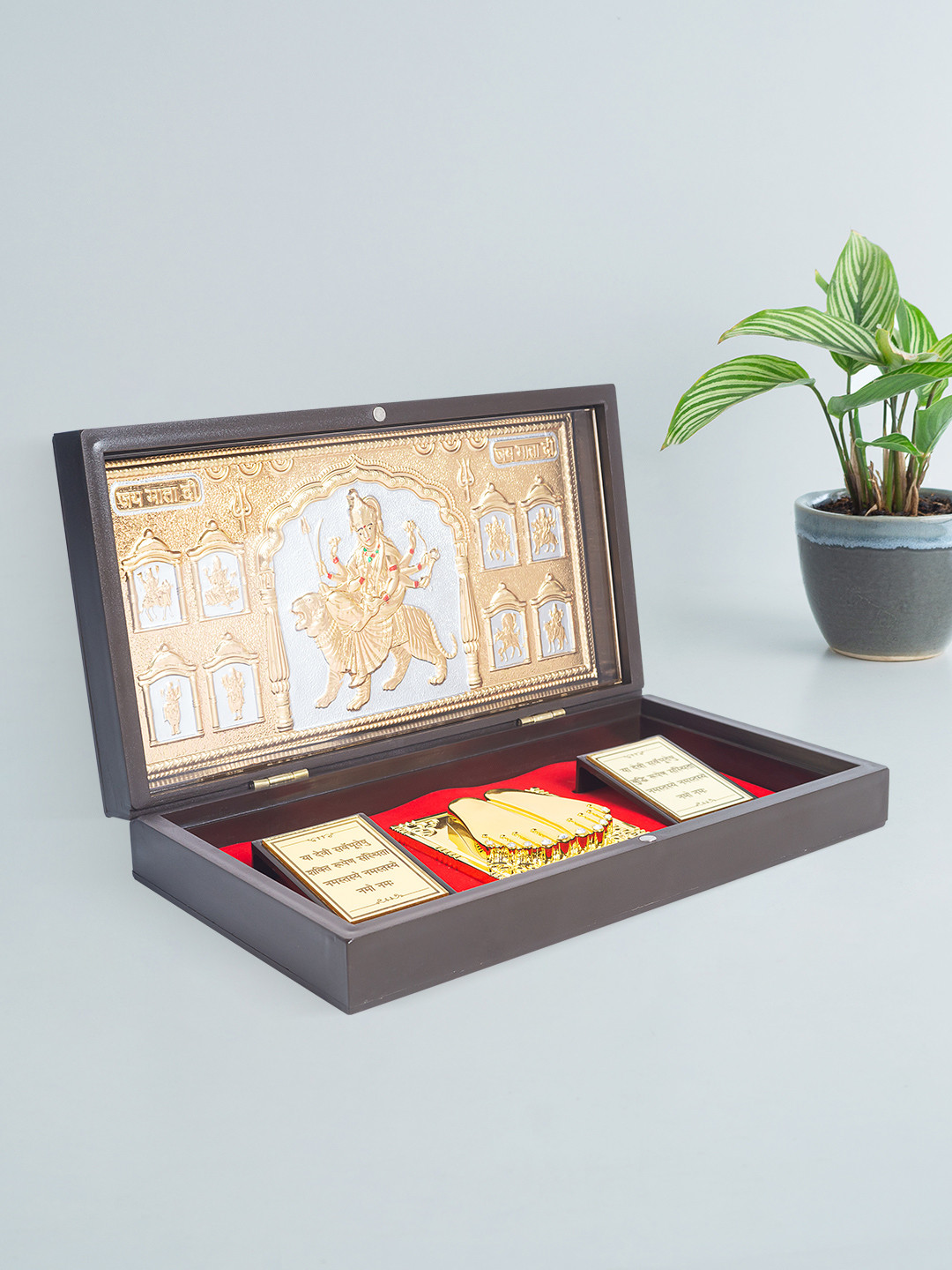 Golden Peacock Brown & Gold-Toned 24 kt Fabric Jay Shri Ambe Maa Pooja Box