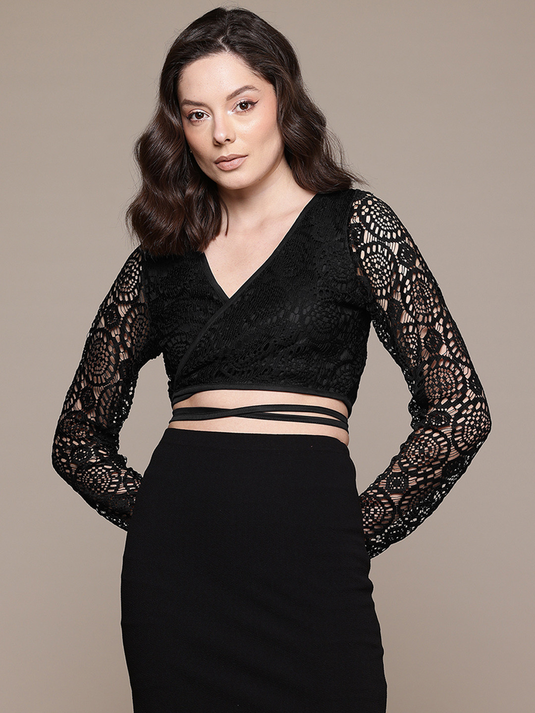 bebe Dose of Vitamin Criss-Cross Tie-Up Lace Wrap Crop Top