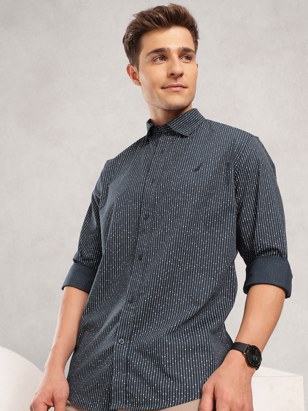 Nautica Striped Geometric Printed Classic Fit Casual Shirt