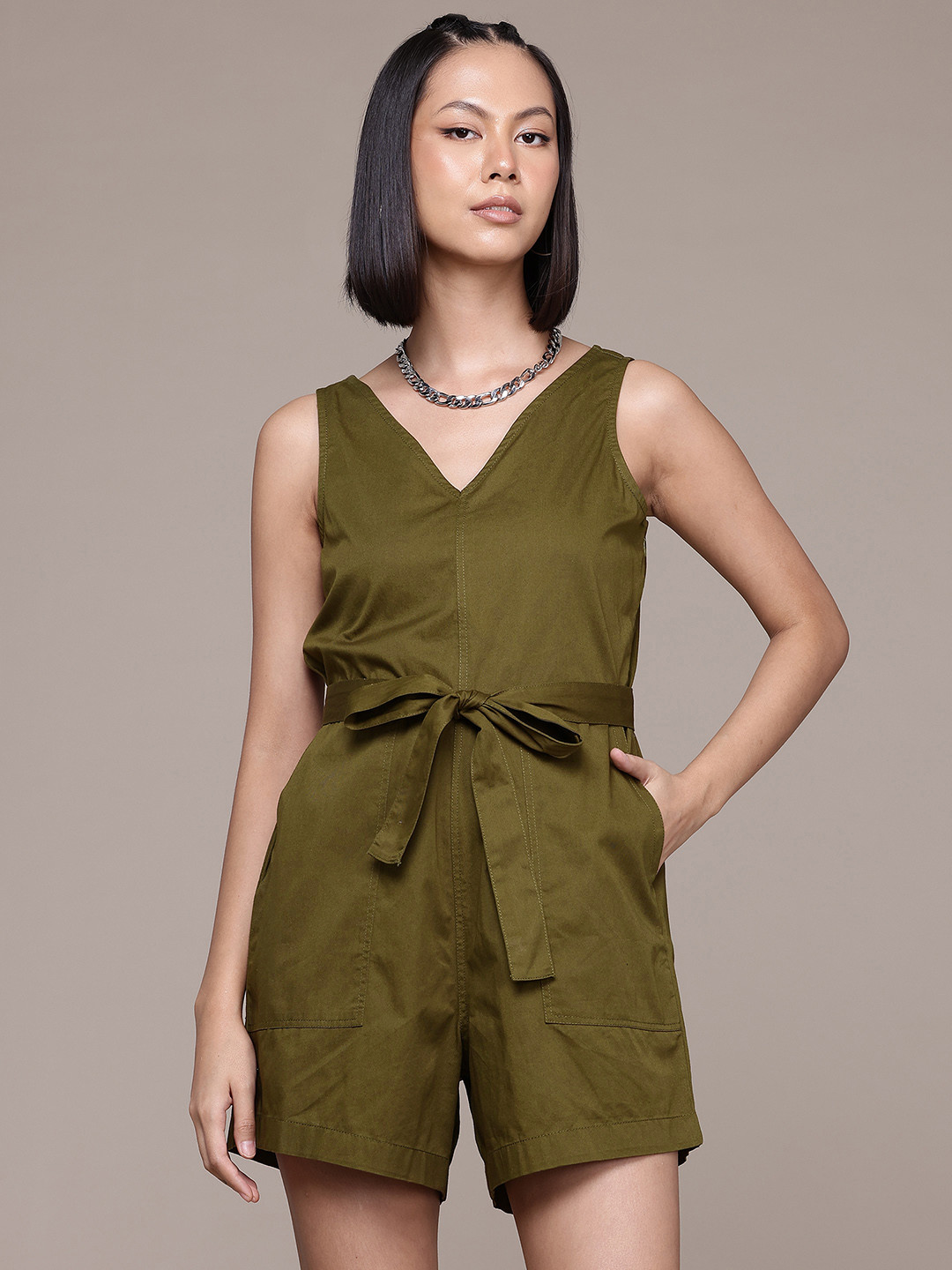 Roadster Pure Cotton Playsuit With Waist Tie-Ups