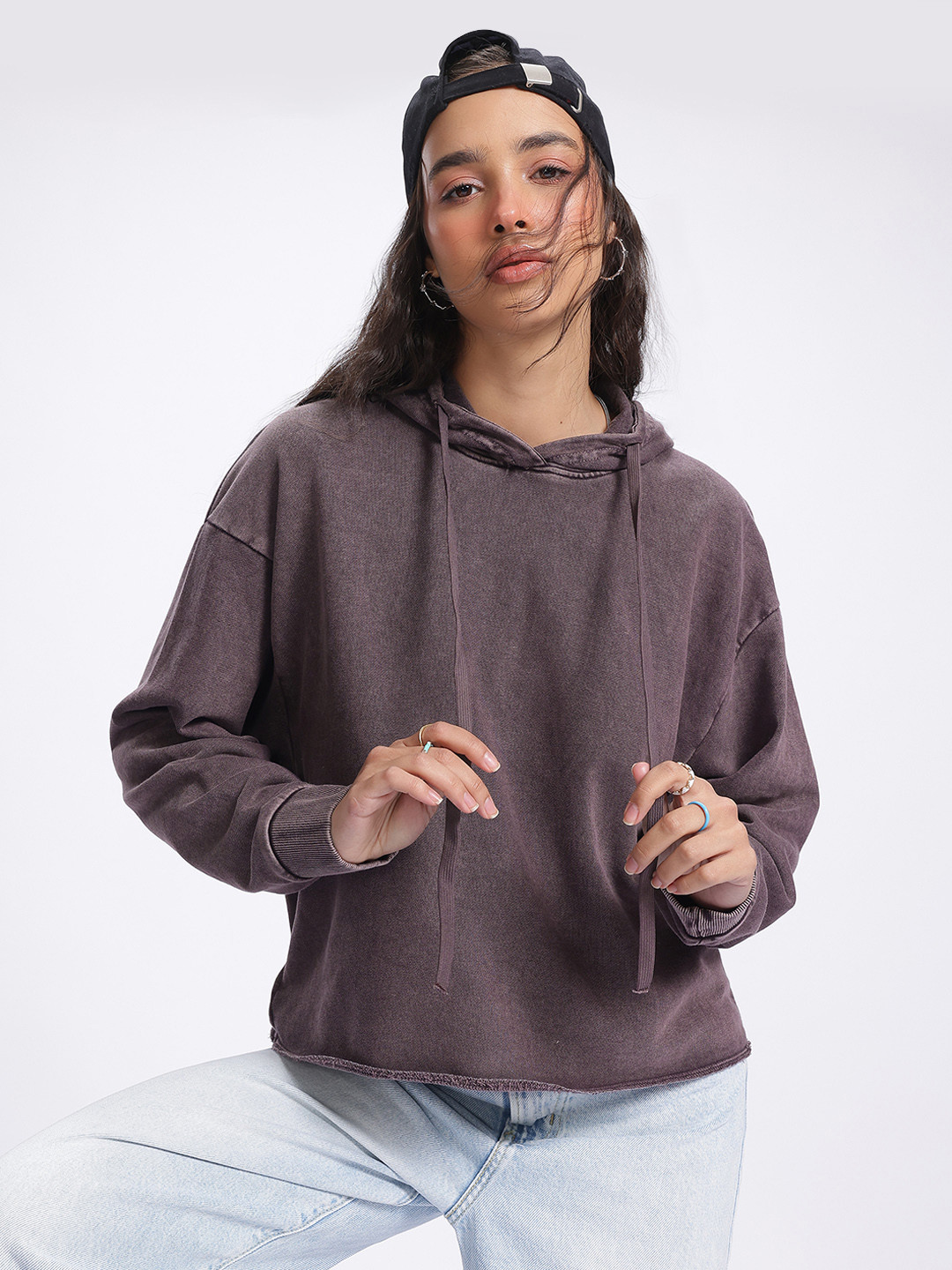 DressBerry Raw Hem Drop-Shoulder Hooded Sweatshirt