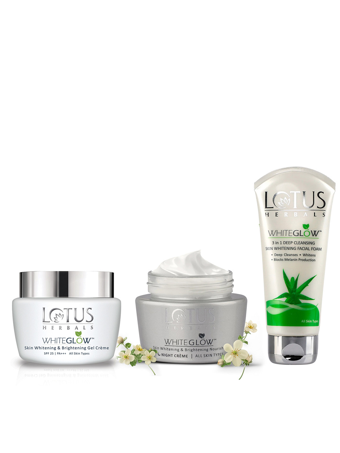 Lotus Herbals Whiteglow Skin Care Trio - Facial Foam 100g + Gel Creme 40g + NightCream 60g