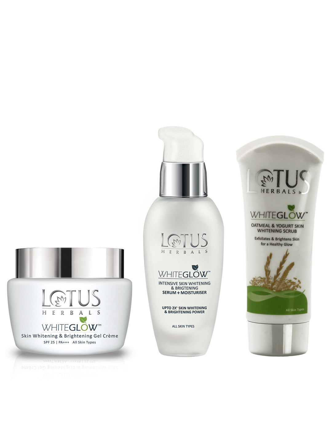Lotus Herbals Whiteglow Skin Care Trio - Serum 30ml + Gel Creme 40g + Face Scrub 100g