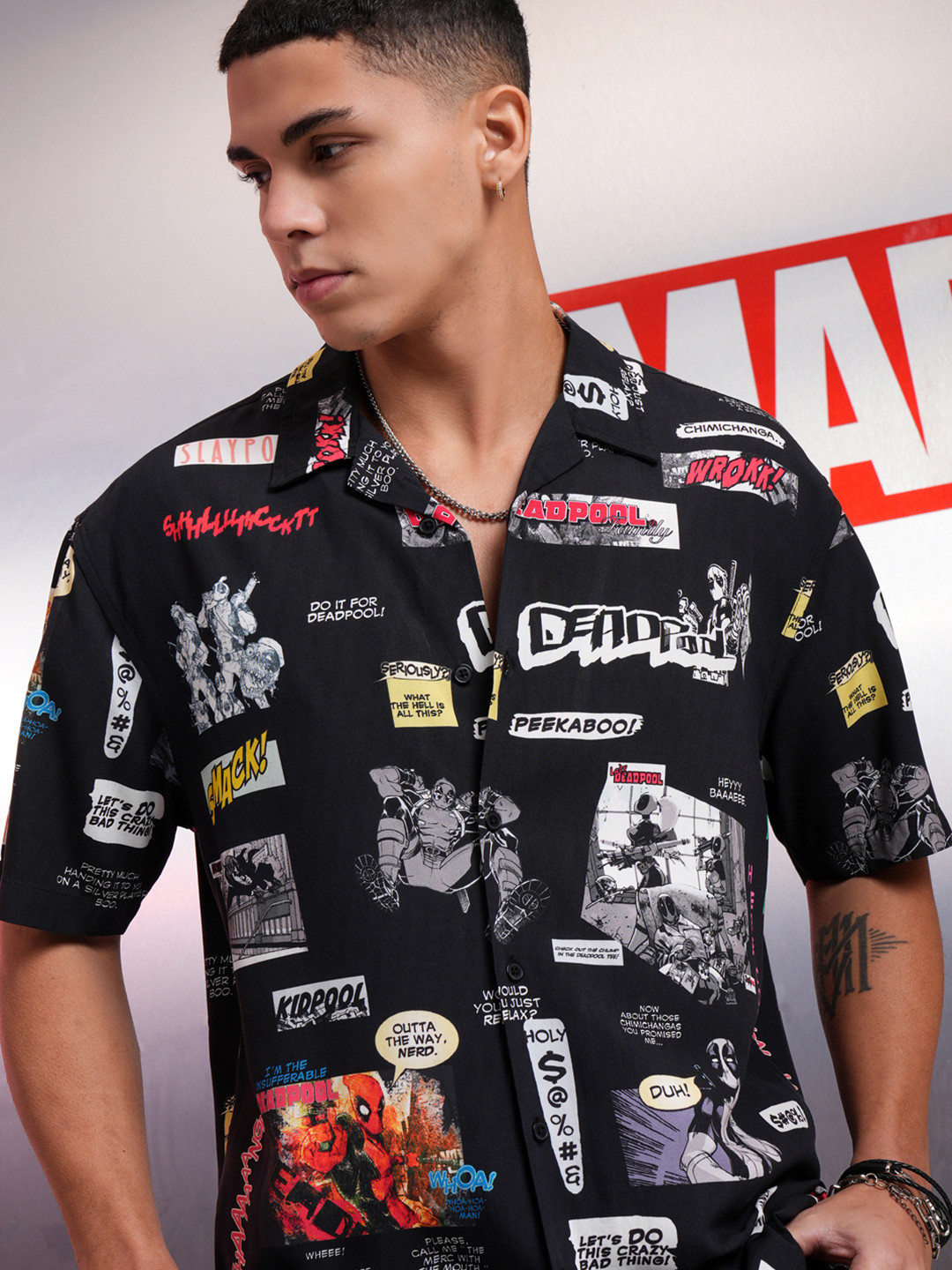 Highlander Disney Men Mui Deadpool Printed Cuban Collar Viscose Relaxed Shirt