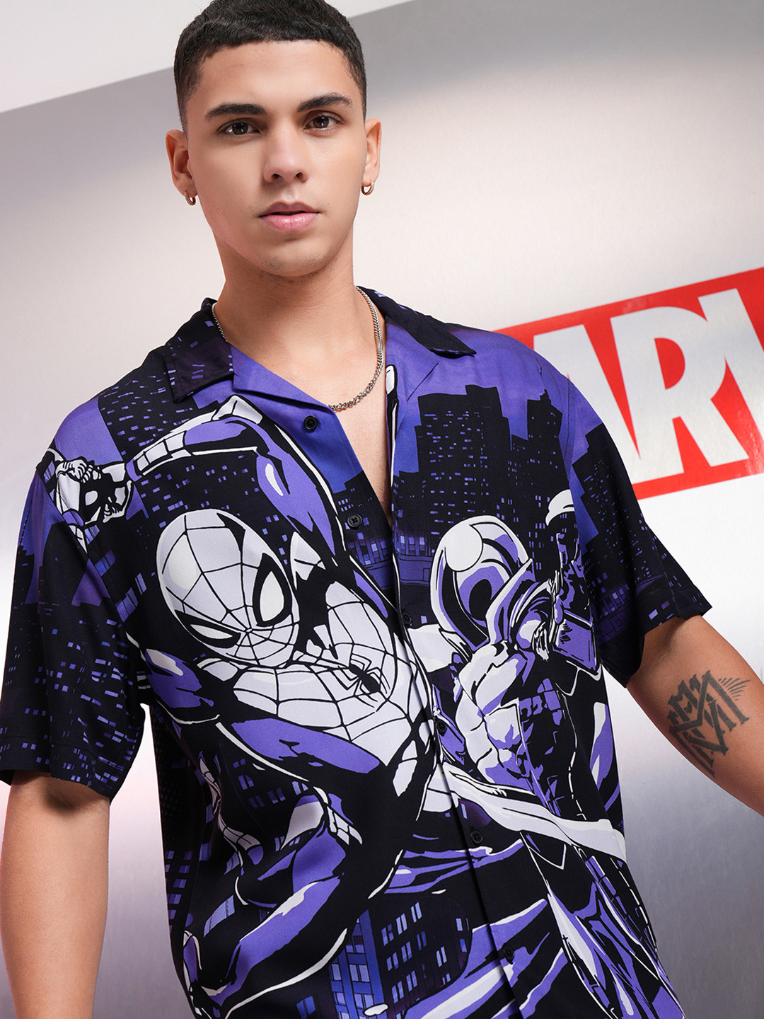 HIGHLANDER Marvel Men Spider Man Printed Cuban Collar Viscose Relaxed Shirt